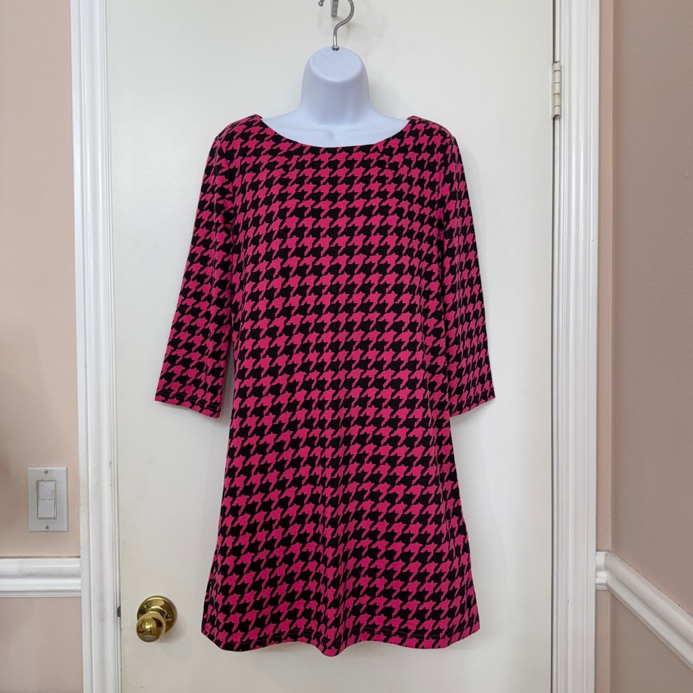 H&M Women's Pink Black Houndstooth Dress Y2K Boat Neck 3/4 Sleeve Stretch Size S